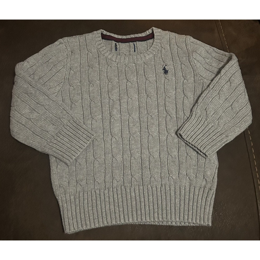 Polo Ralph Lauren Boys Size 5 Gray Cable Knit Cotton Crewneck Sweater Pony